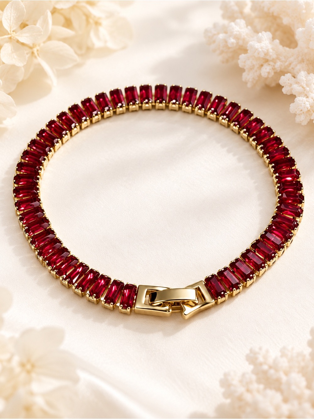 Gold Tennis Necklace with Deep Red Gemstones